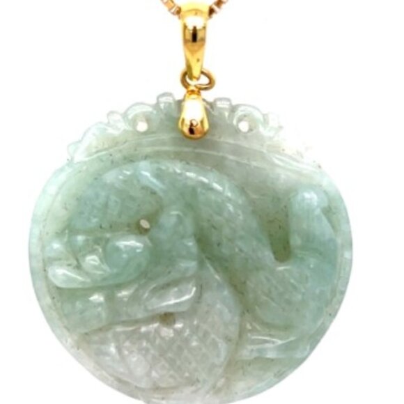 14K Jadeite Dragon Beautifully Etched Carved Pendant